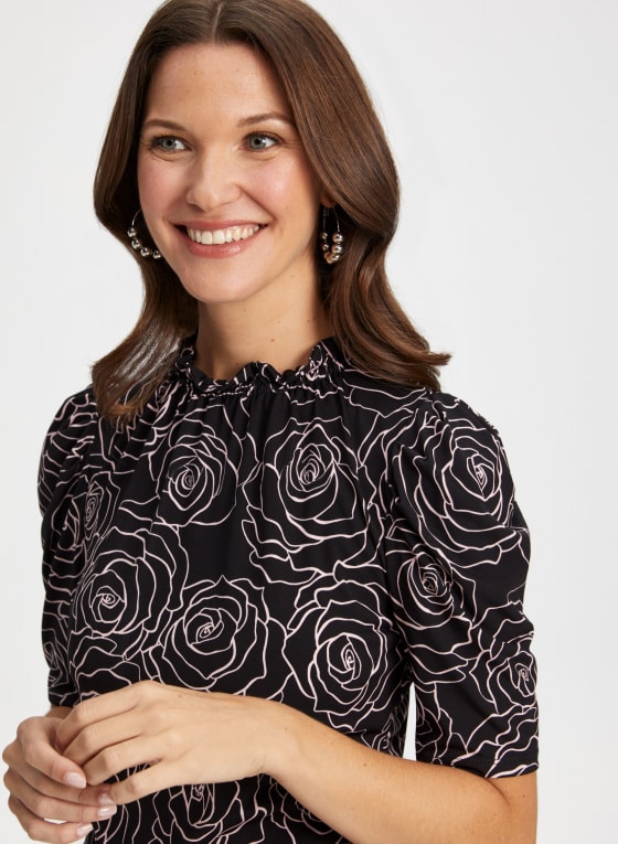 Ruffle Neck Rose Pattern Top