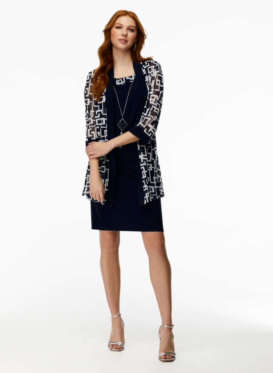 Geometric Print Jacket, Dress & Necklace Set