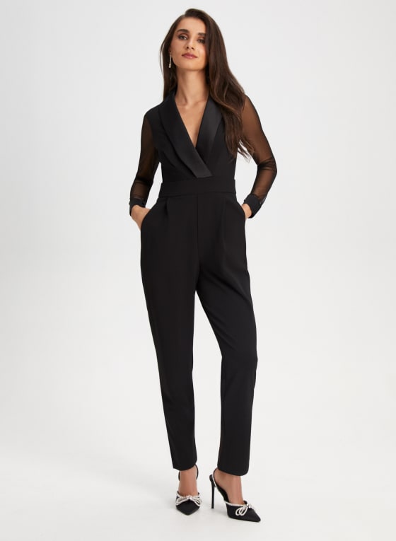 Mesh Sleeve Tuxedo Jumpsuit