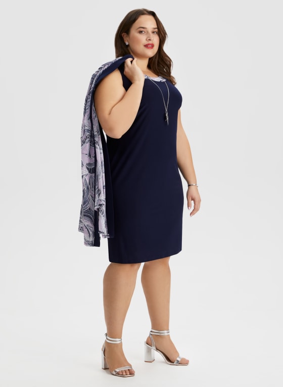 Feather Print Jacket, Dress & Necklace Set