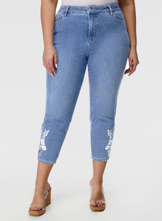 Embroidered Slim Leg Denim Capris