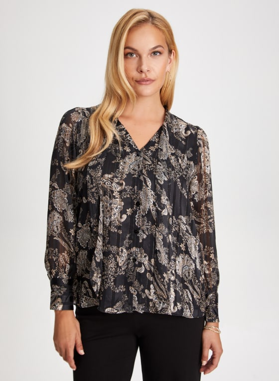 Metallic Tie Neck Blouse
