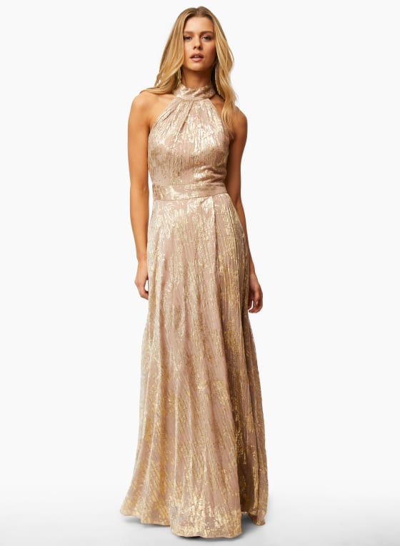Metallic Plisse Halter Neck Dress