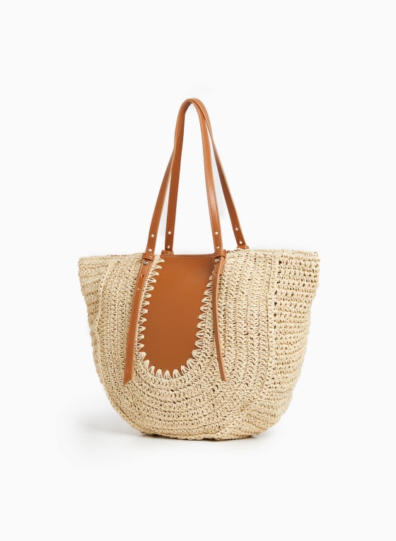 Straw & Vegan Leather Tote