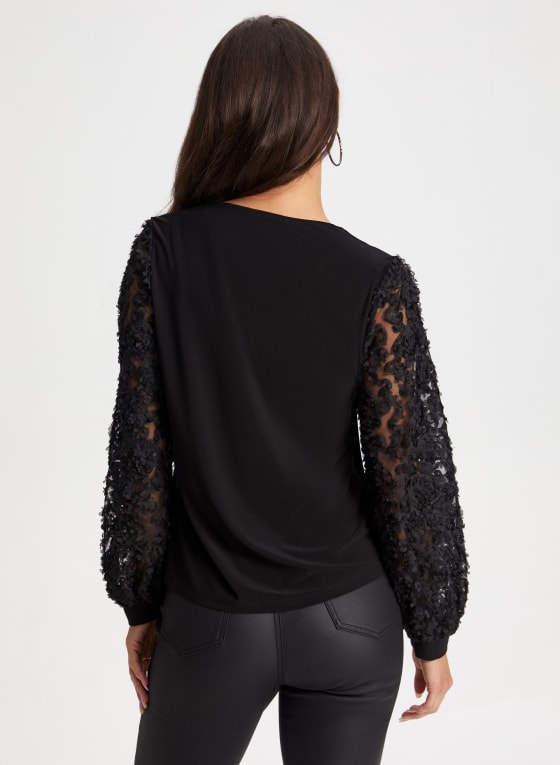 Embroidered Bouffant Sleeve Top