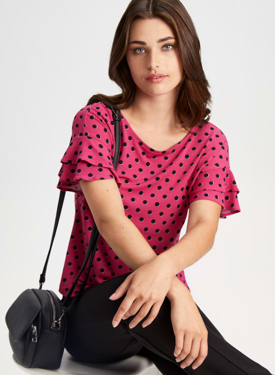 Dot Print Ruffle Sleeve Top