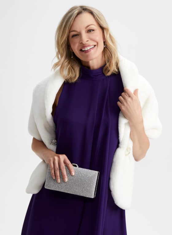 Rhinestone Clip Faux Fur Stole