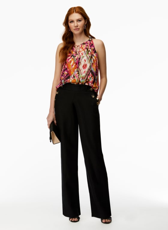 Button Detail Linen-Blend Pants