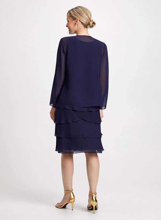 Sequin Trim Chiffon Dress & Jacket Set