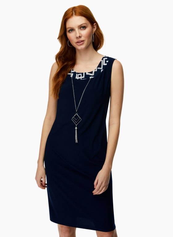 Geometric Print Jacket, Dress & Necklace Set