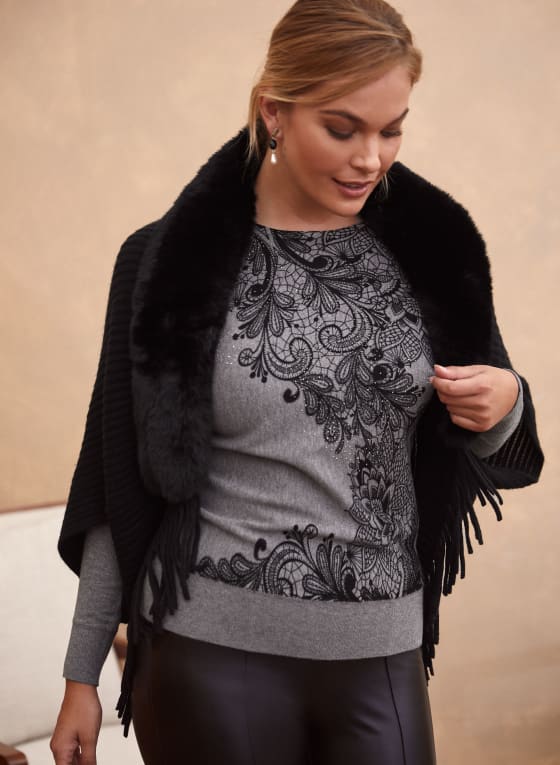 Faux Fur Collar Poncho