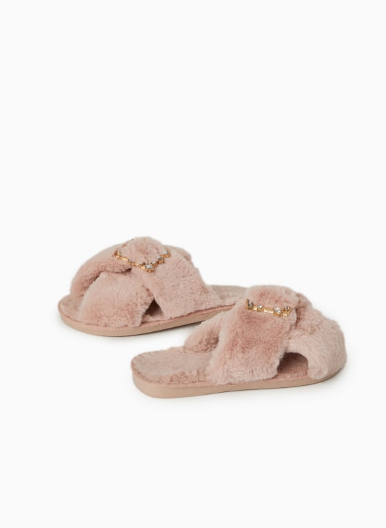 Faceted Stone Buckle Slippers