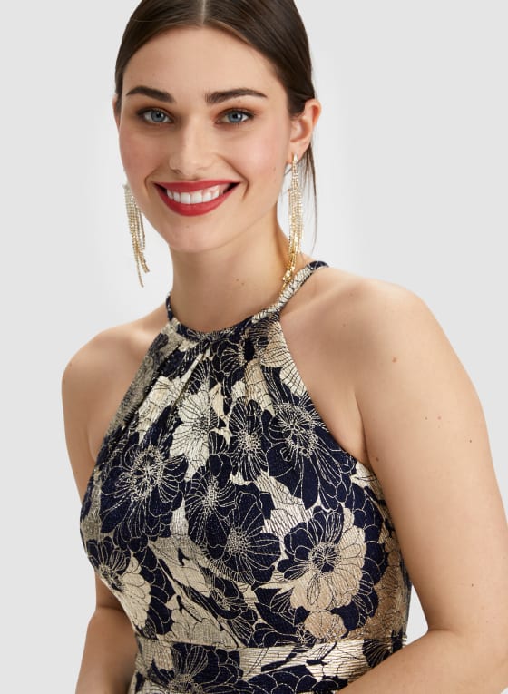 Foil Plisse Halter Neck Dress