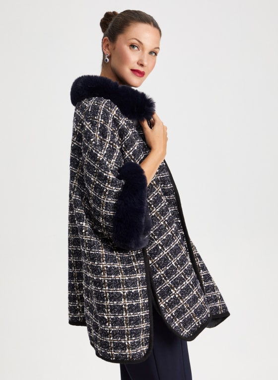 Faux Fur Collar Tweed Poncho
