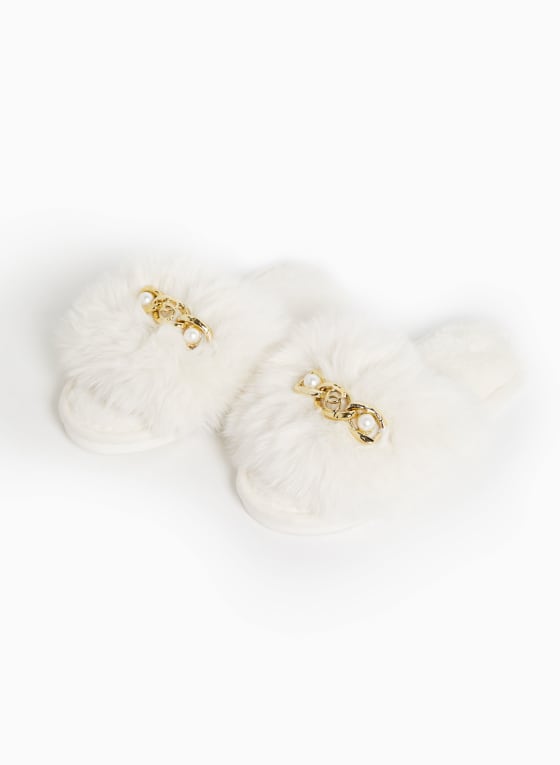Pearl Detail Fur Slippers