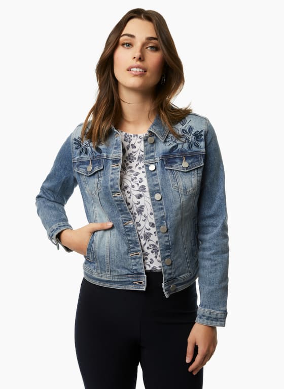 Embroidered Button Front Denim Jacket