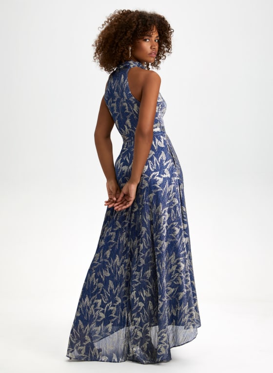 Metallic Plissé Halter Neck Dress