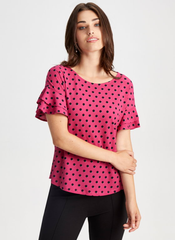 Dot Print Ruffle Sleeve Top
