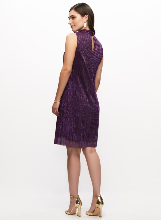 Mock Neck Metallic Plisse Dress