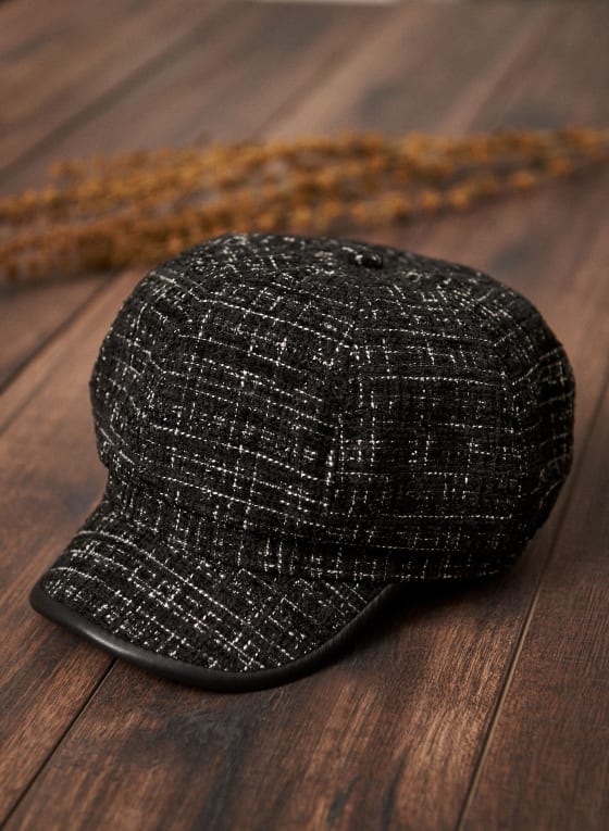 Vegan Leather Trim Tweed Cap