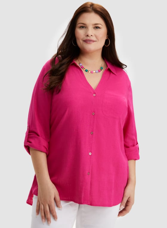 Roll-Up Sleeve Linen-Blend Blouse