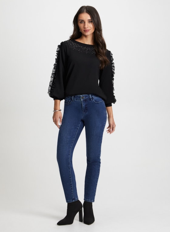 Ruffle Sleeve Rhinestone Embellished Top