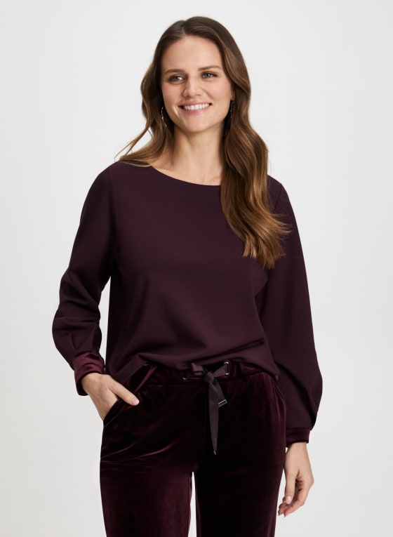Velour Trim Puff Sleeve Top