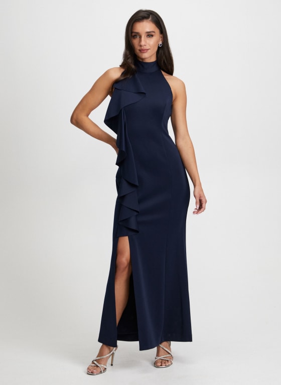 Cascading Ruffle Halter Neck Dress