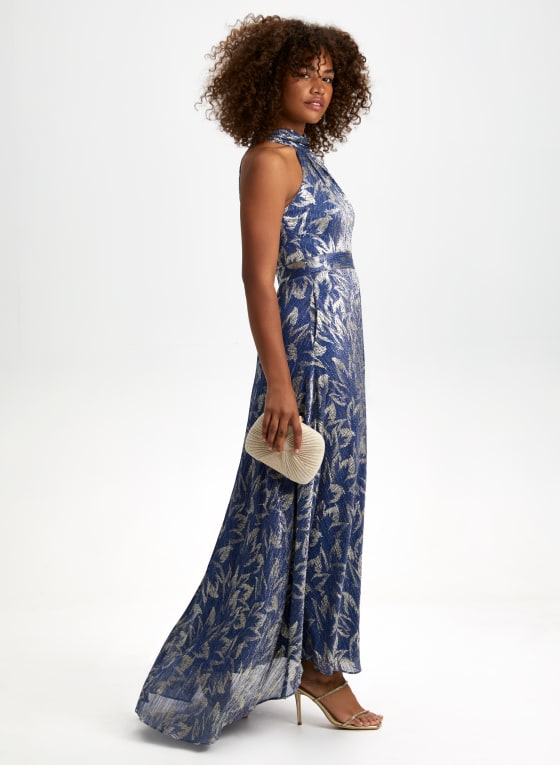 Metallic Plissé Halter Neck Dress