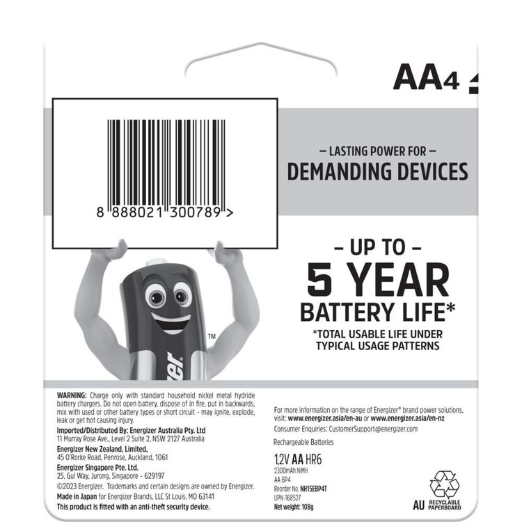 Energizer Rechargeable 2300mAh AA Batteries 4 Pack Multicoloured AA