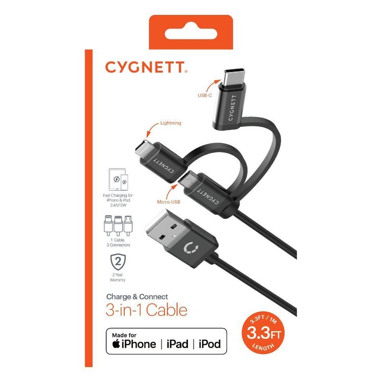 Cygnett Essential 3 In 1 Braided Cable 1 Metre Black 1 m