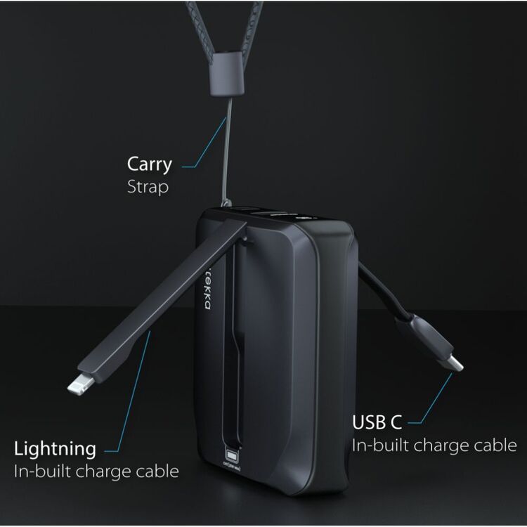 Ontekka 10k Power Bank with Built-in Lightning & USB-C Charge Cables Black 10K