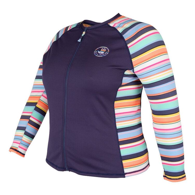 Body Glove Women's Stripe Full Zip Long Sleeve Rash Vest Plus Size Navy & Print