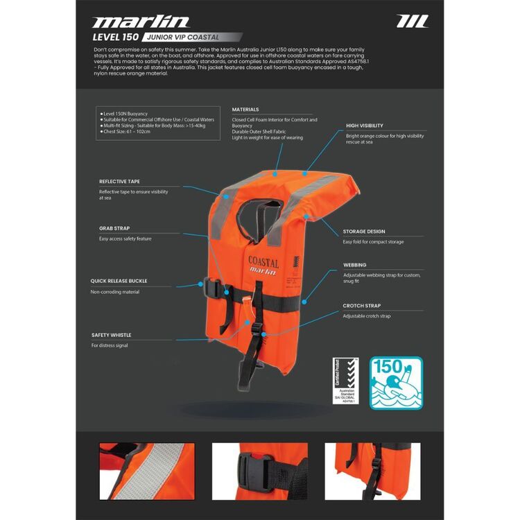 Marlin Junior VIP Intensity Level 150 Coastal PFD Orange
