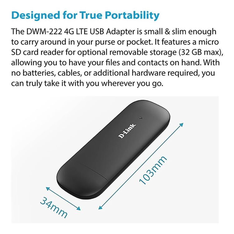 D-Link DWM-222 4G LTE USB Adaptor Travel Modem Black