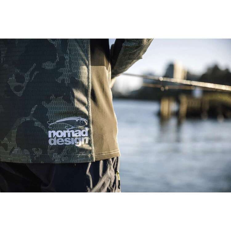 Nomad Design Khaki Camo Splice Hooded Tech Fishing Shirt Green