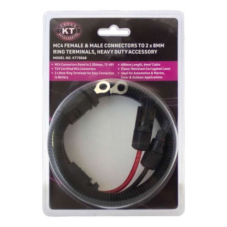 KT Cables MC4 Plug And Socket To 8mm Ring Terminals 600mm Black