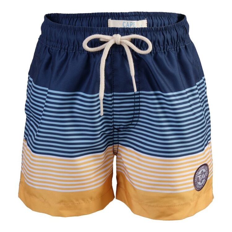 Cape 'Trip In A Van' Kids' Stripe Print Volley Shorts Navy Blue & Mustard