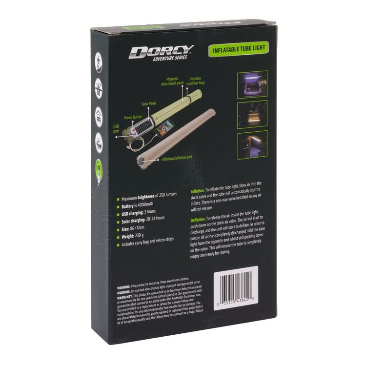 Dorcy 250 Lumen Solar Recharge Inflatable Tube Light Green 250 Lumens