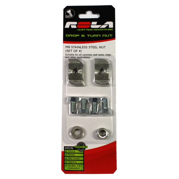 Rola M8 SS Drop & Turn Channel Nut Set 4 Pack Silver