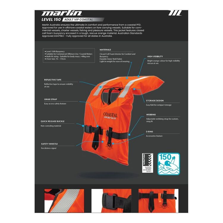 Marlin Adult VIP Intensity Level 150 Coastal PFD Orange
