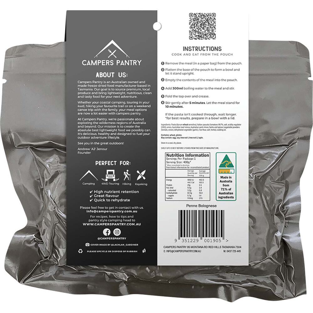 Campers Pantry Freeze Dried Penne Bolognese Single Serve