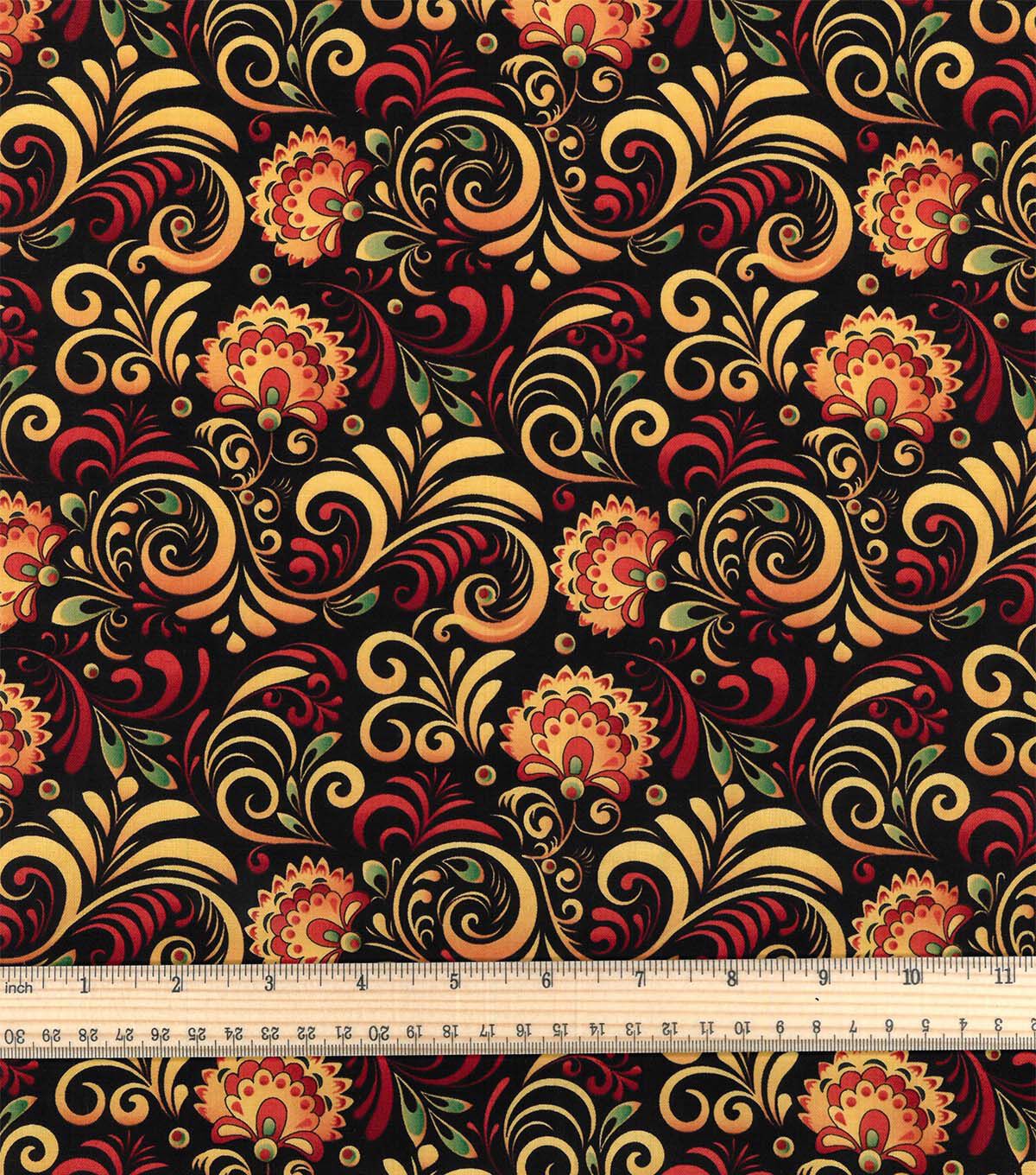 Floral Swirls on Black Premium Cotton Fabric