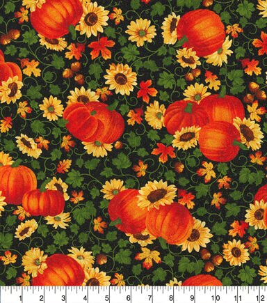 Fall Harvest Bounty Pumpkins on Black Glitter Cotton Fabric