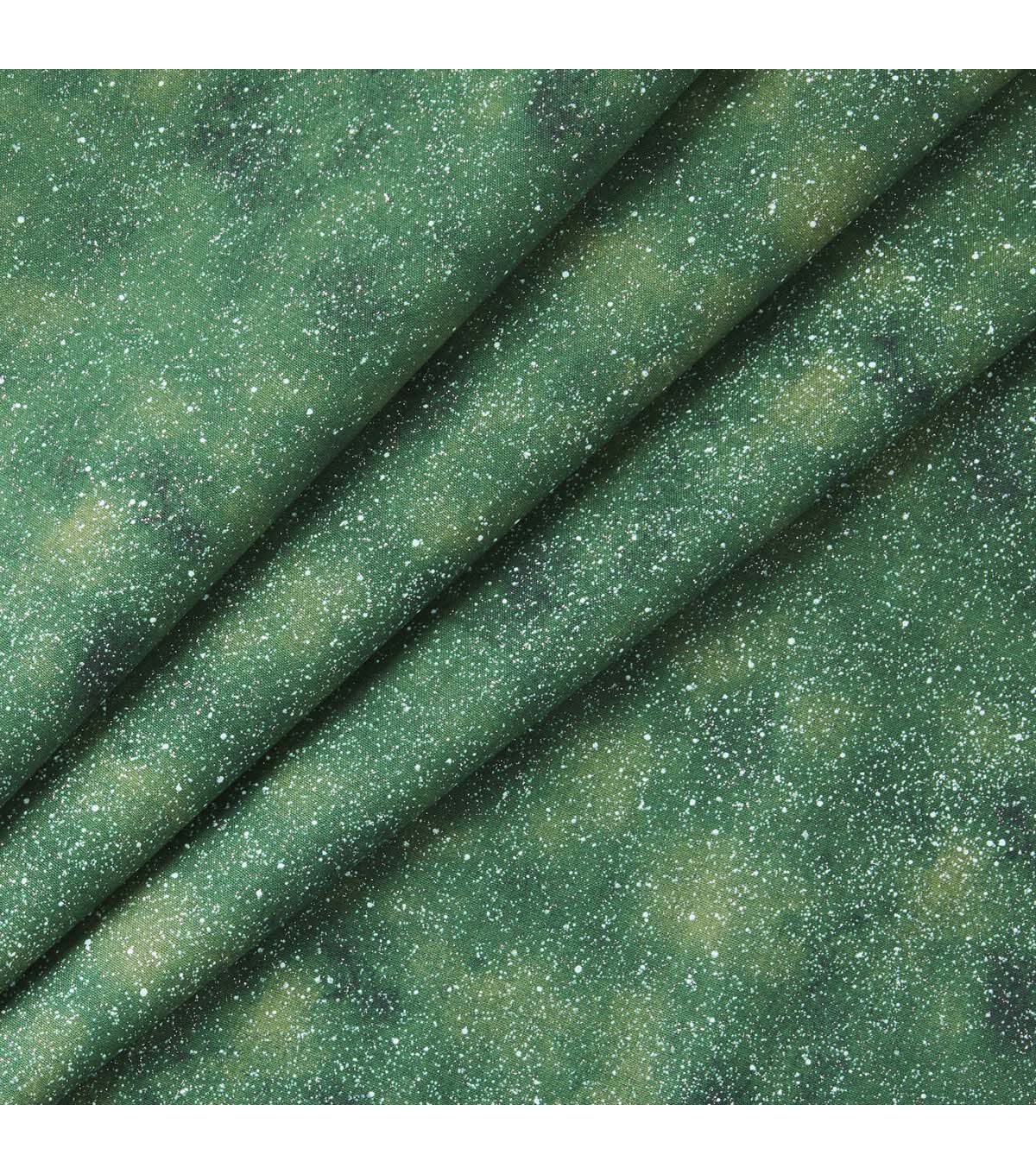 Green Sky Scene With Snow Christmas Glitter Cotton Fabric