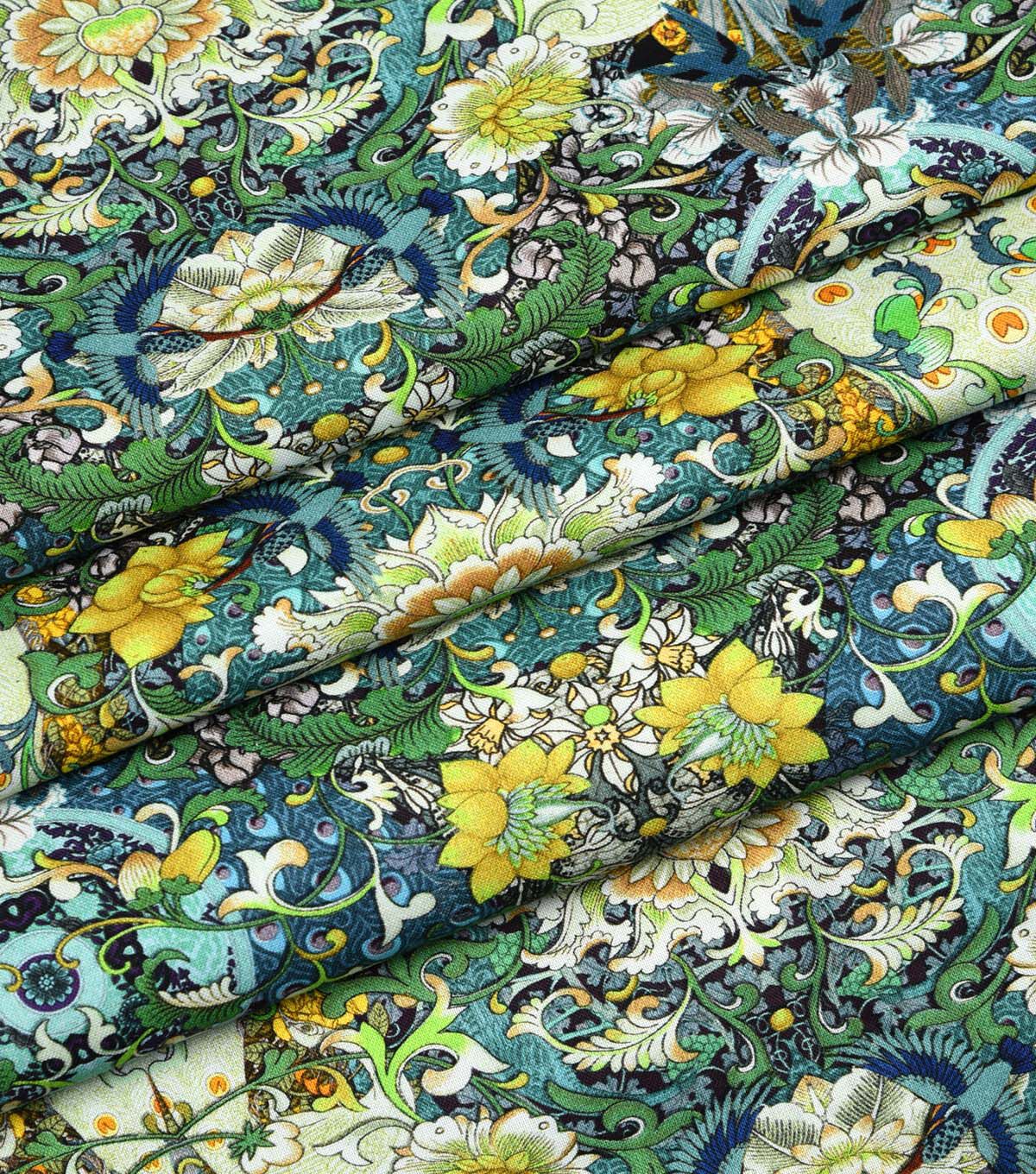 Asian Green Blue Kaleidoscope Premium Cotton Fabric