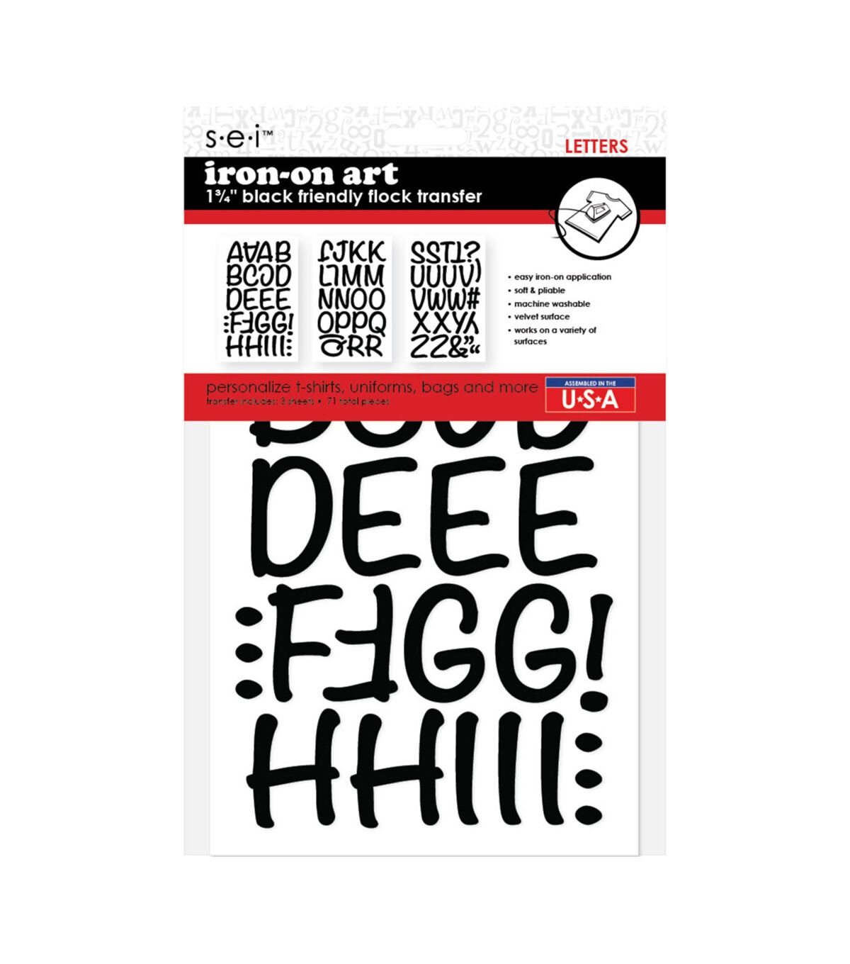 SEI 2 Black Iron On Art Friendly Flock Transfer Letters 71ct