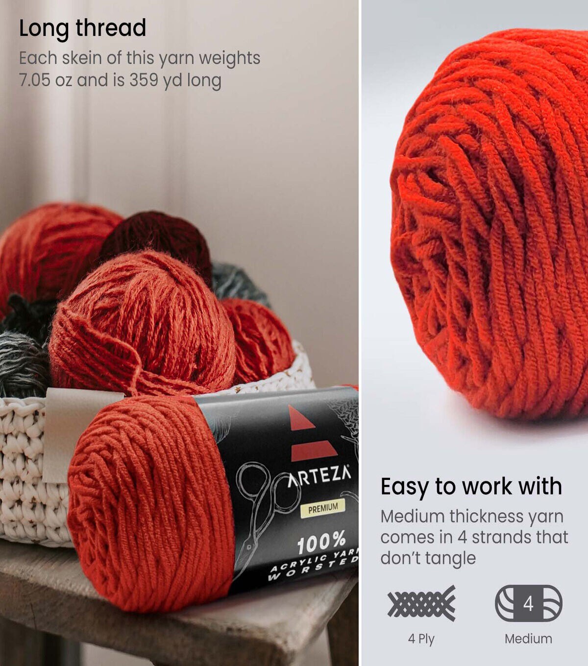 Arteza Premium 359yds Worsted Acrylic Yarn 4 Bundle