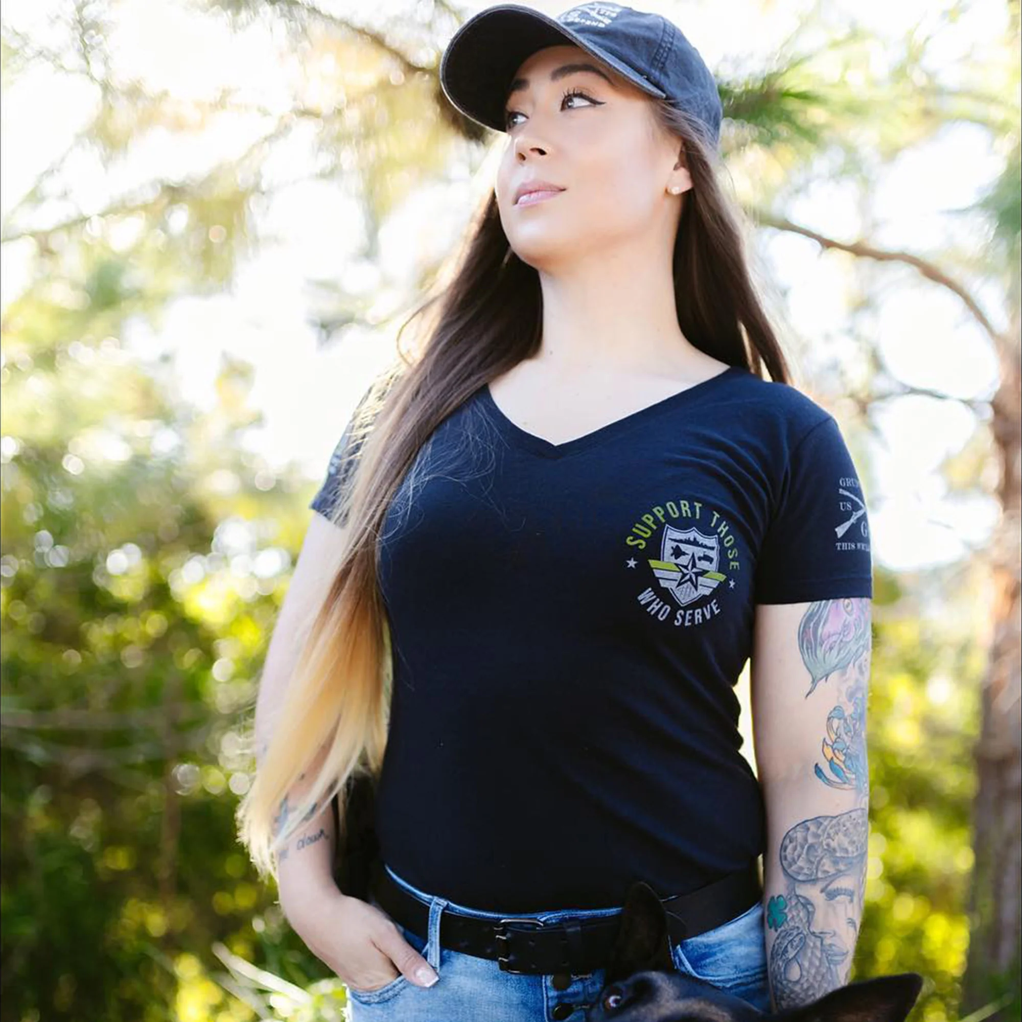 Women's Support Those Who Serve Green Line V-Neck - Black