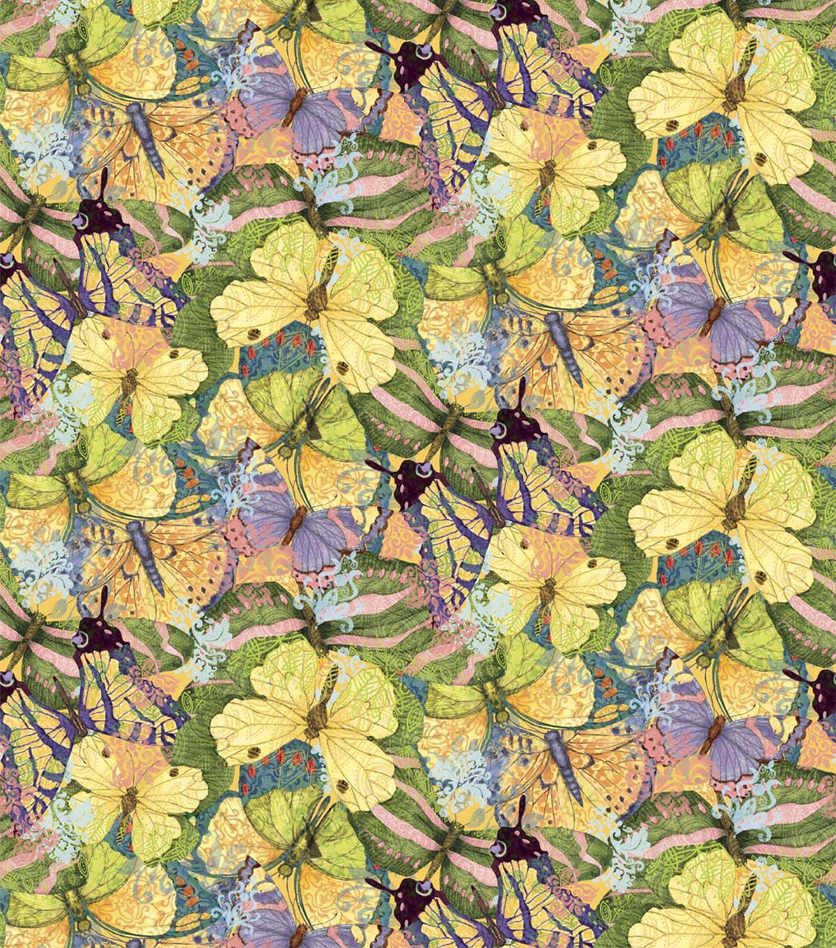 Yellow Floral Garden Butterfly Collage Premium Cotton Fabric